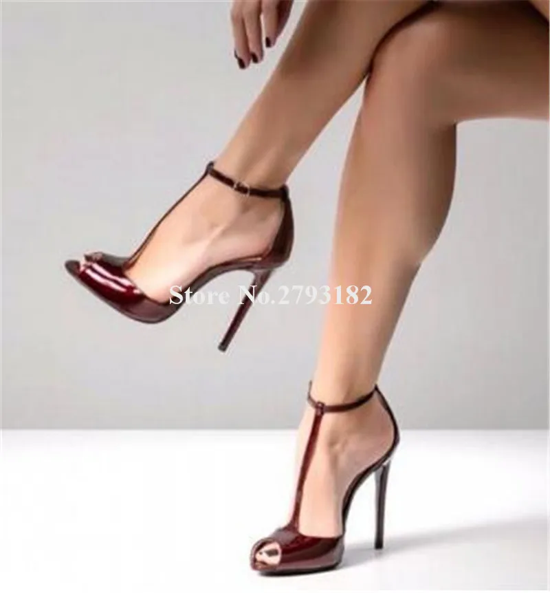 

Women Classical Style Peep Toe Patent Leather Stiletto Heel Pumps Ankle T-strap Wine Red High Heels Formal Dress Shoes
