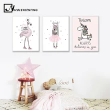 קריקטורה ילדה Unicorn פלמינגו פוסטר ולהדפיס קיר אמנות בד ציור נורדי סגנון משתלת תמונה לסלון בית תפאורה(China)