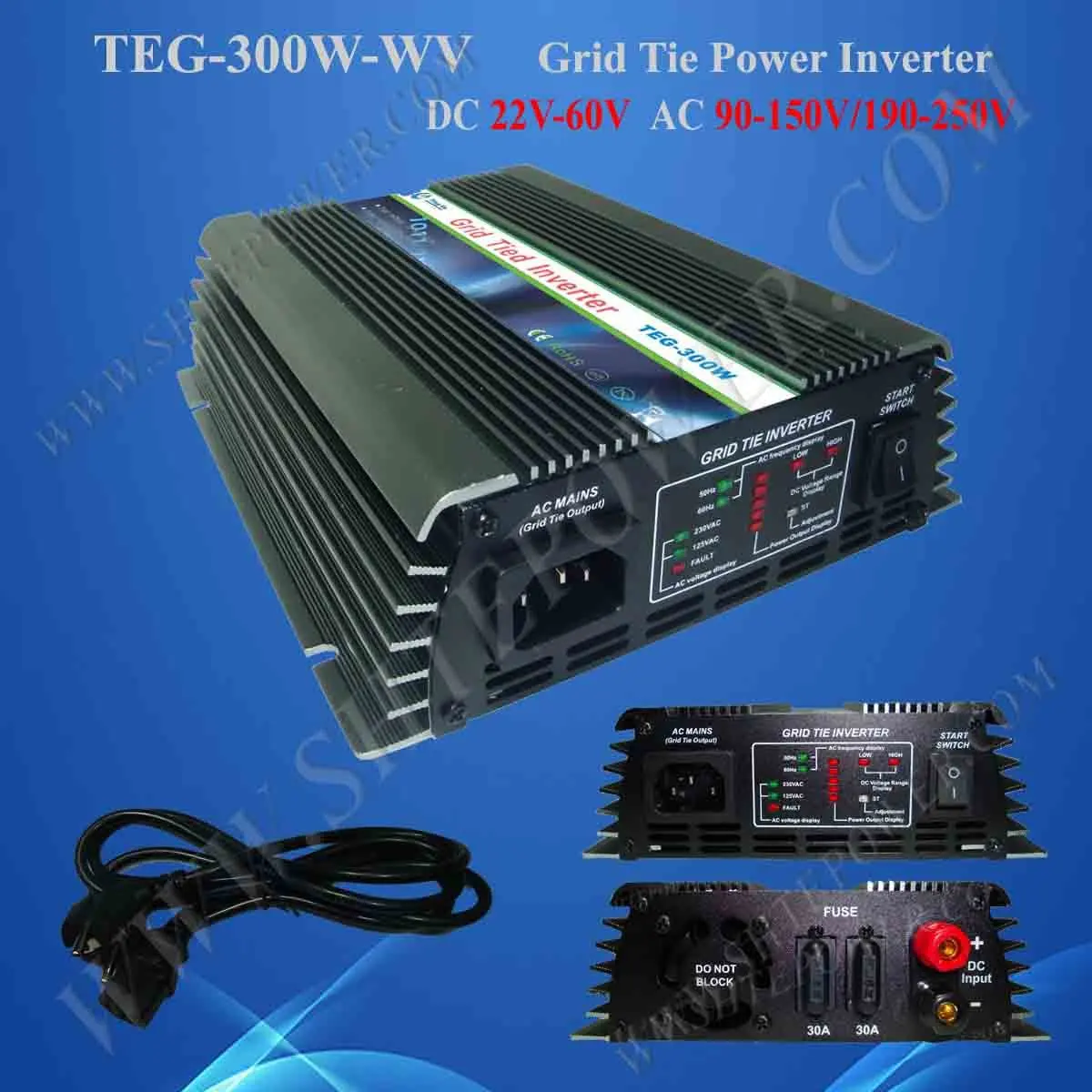 

Grid Tie Inverter 22V-60VDC to 120VAC, On Grid Solar System Inverter with Wide Voltage 300W
