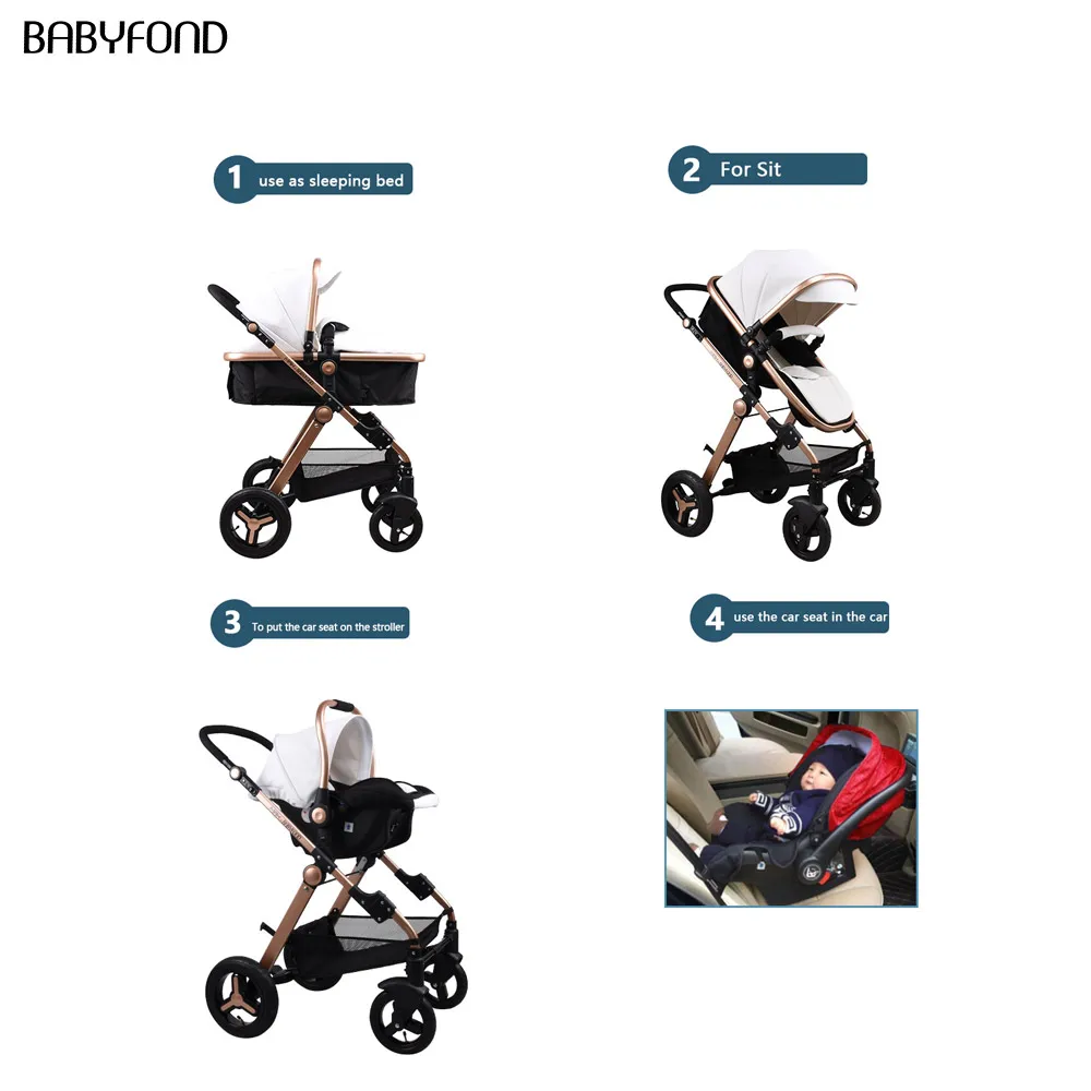 Babyfond 3 в 1 детская коляска PU водонепроницаемый материал многоцветный светильник Роскошная портативная детская коляска с корзиной и автокреслом