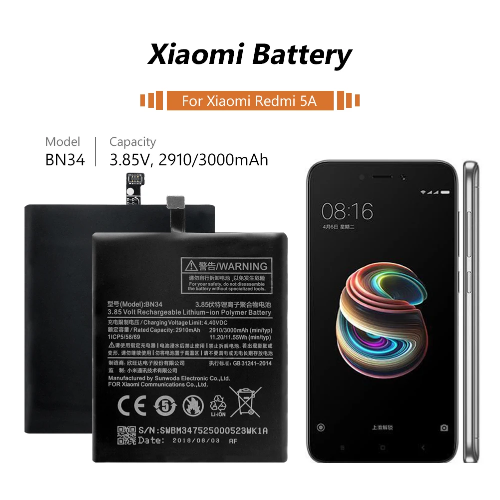 XiaoMi BN34 BN-34 BN 34 перезаряжаемая батарея для Xiaomi Redmi 5A 3,85 V 3000 mAh, сменная батарея для мобильного телефона