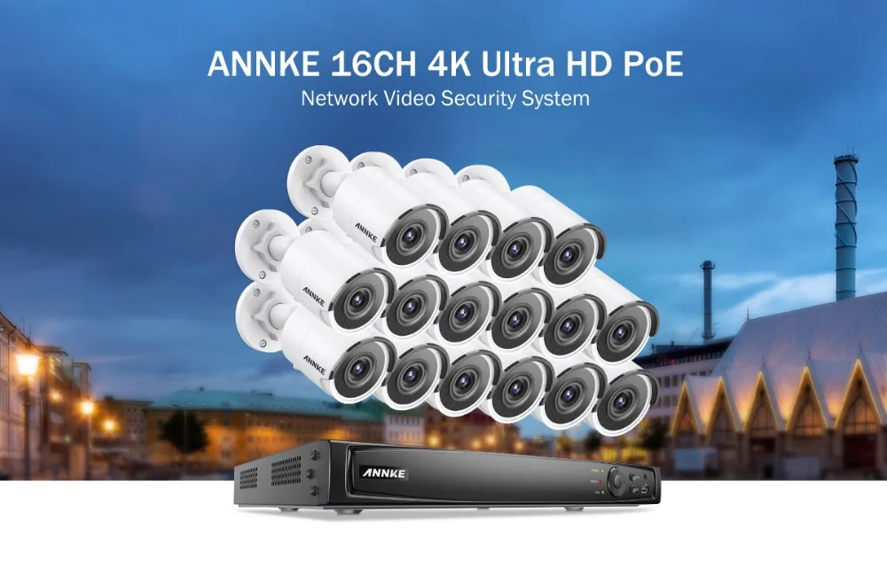 ANNKE 16CH 4K со сверхвысоким разрешением Ultra HD, POE, сетевые видеонаблюдения Системы 8MP H.265 NVR с 16X8 Мп защищенная от внешних воздействий ip-камера видеонаблюдения комплект