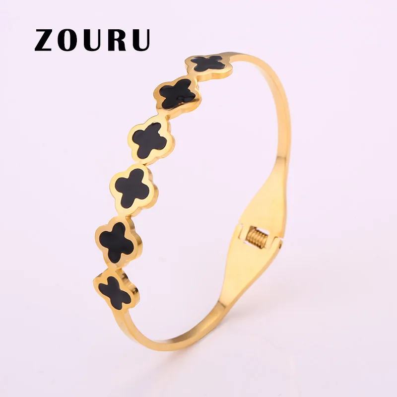 

Never Fade & Allergy Titanium Stainlness Steel Gold Plating Leaf Clover Lovers Bangle&Bracelets For Women