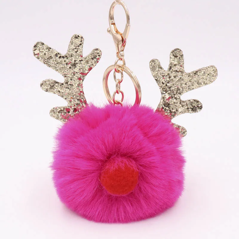 8 см блестки Eik помпон брелок шарик из искусственного кроличьего меха Висячие на сумке украшение для рюкзака Автомобильный держатель для ключей Подвески DIY Рождественский подарок - Цвет: Hot pink
