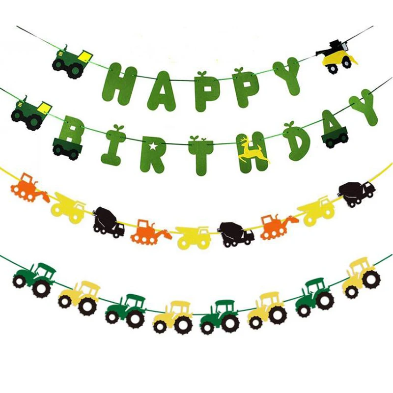 

1 Set Cute Farm Theme Felt Happy Birthday Banner Tractor Cupcake Toppers Construction Vehicle Party Decorations Kids Boy Favors