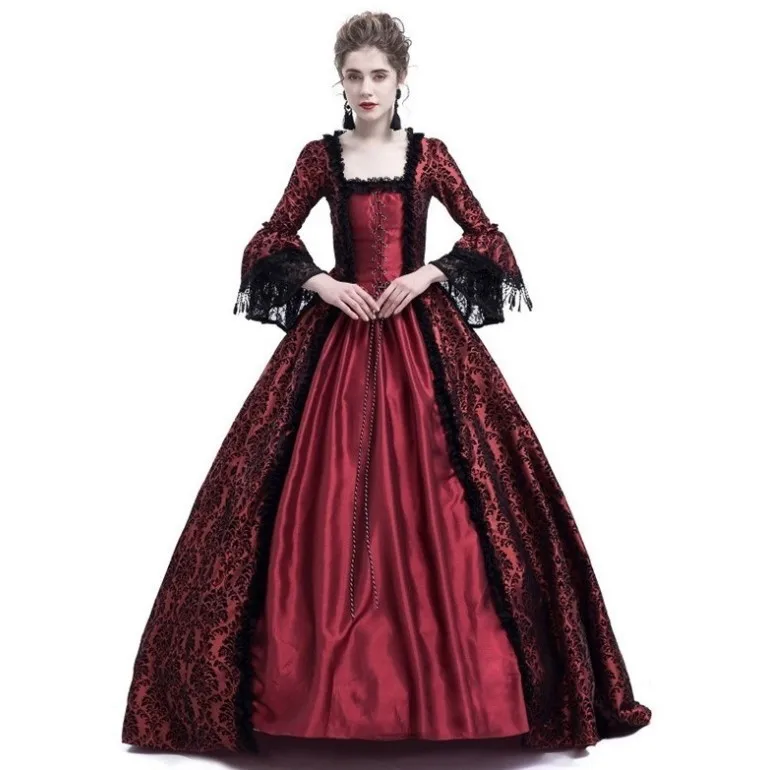 Взрослая женщина дворцовый суд платье принцессы элегантное бальное платье квадратный воротник кружева Хэллоуин костюмы Ренессанс средневековый костюм - Цвет: Красный