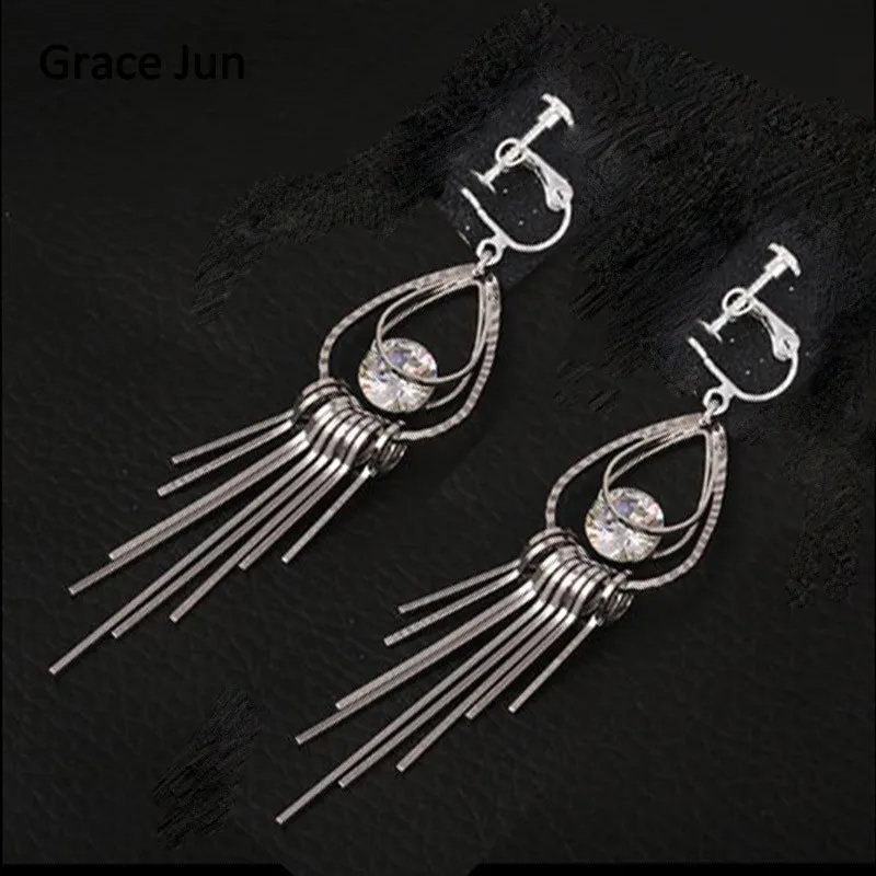 

Grace Jun High-grade Cubic Zircon Double Water Drop Shape Clip on Earrings Non Pierced and Pierced Earrings Not Allergy Bijoux