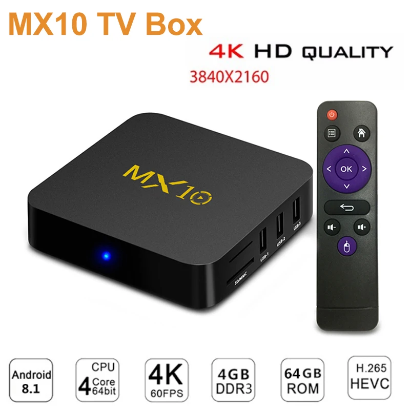 MX10 Smart ТВ коробка Android 8,1 Rockchip RK3328 DDR4 4 ГБ 64 ГБ IP ТВ Smart Декодер каналов кабельного телевидения 4 К USB 3,0 HDR H.265 Media Player ТВ Коробки