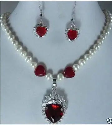 

Wholesale fast SHIPPING >>>> Beautiful! red heart crystal pendant pearl Necklace earrings women's jewelry Set (A0516)