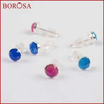 

BOROSA 6mm Round Multicolor Chalcedony Stone Faceted Stud Earrings,Pure Silver Color Fashion Earrings Gems for Women SS175
