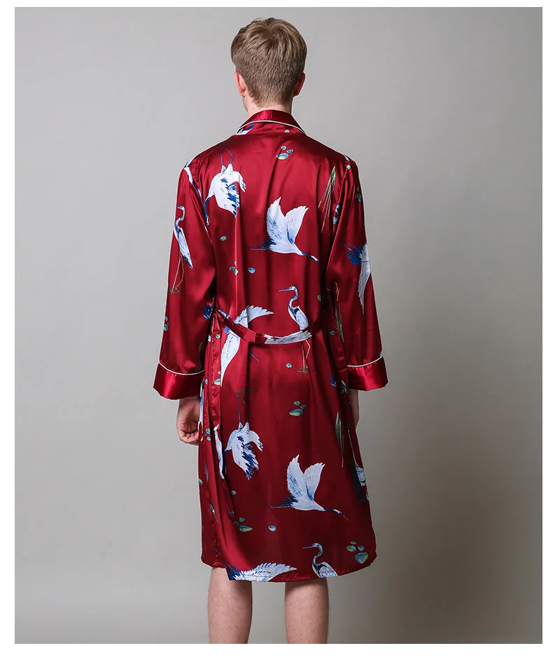 Two-Pieces Silk Nightgown Satin male Sleepwear Loose Tiger Dress Silky Long Sleeve Robe and Long Pants bathrobe set for Men