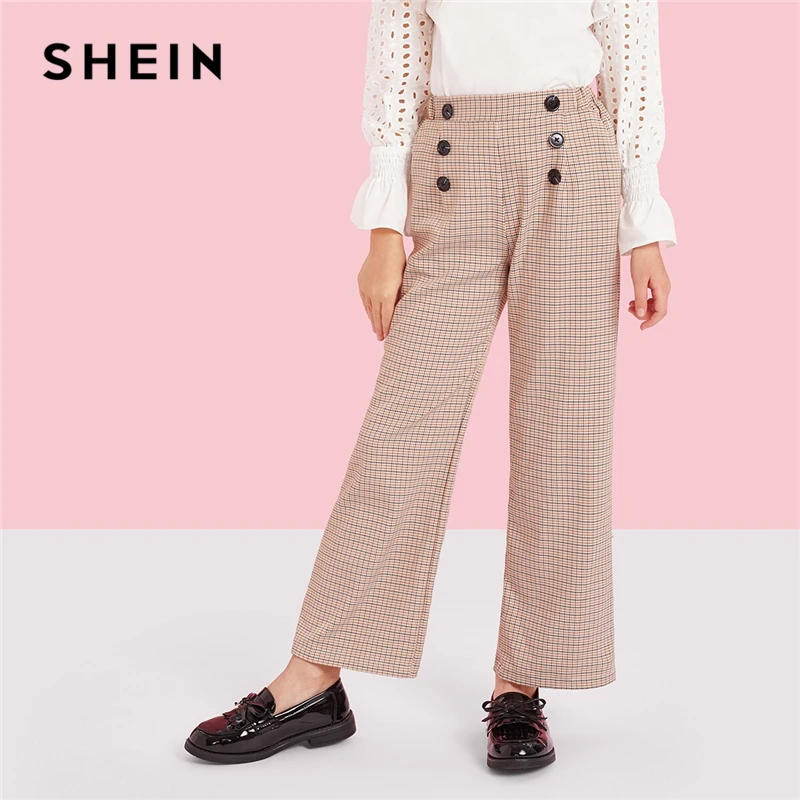 

SHEIN Kiddie Girls Plaid Double Breasted Houndstooth Wide Leg Long Pants 2019 Spring Elastic Waist Preppy Trousers For Teenagers