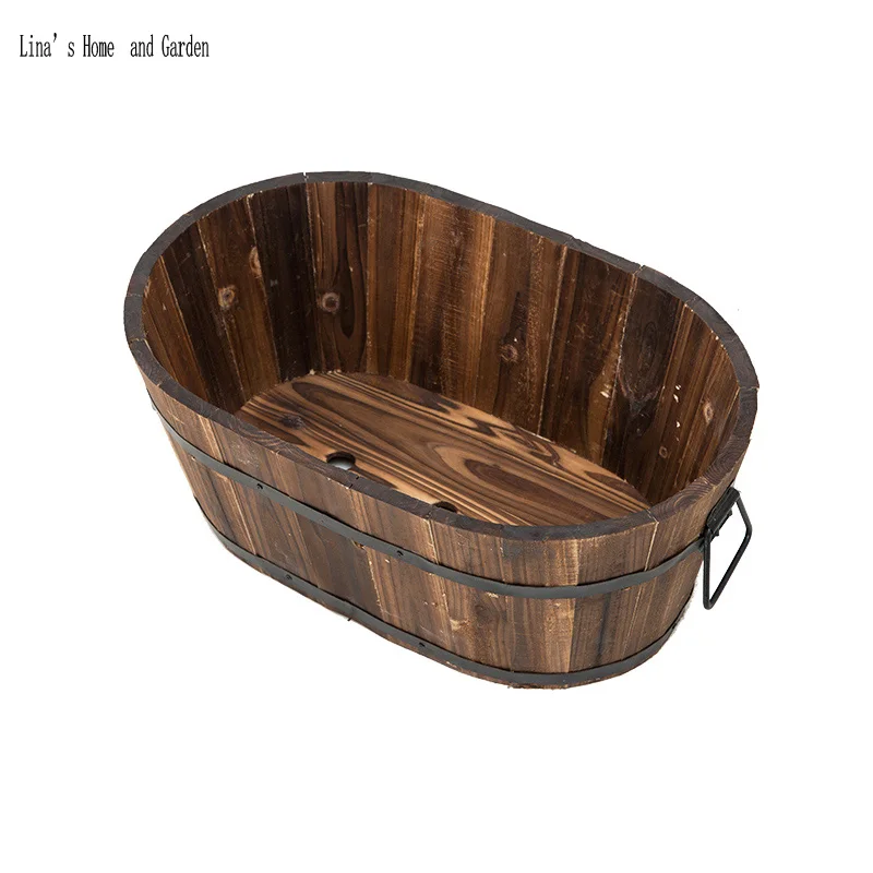 

handmade solid wooden oval planter flower pots with handle