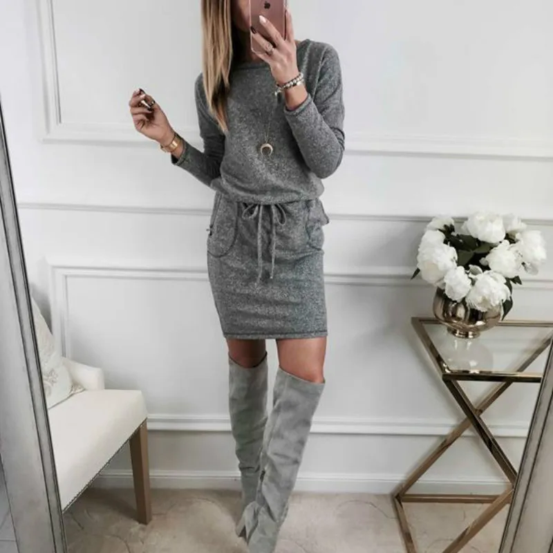 

Voceelinda 2019 New Women Spring Winter Round Neck Long Sleeve Simple Slim Pocket Bandage Drawstring Dress Sweater Dress