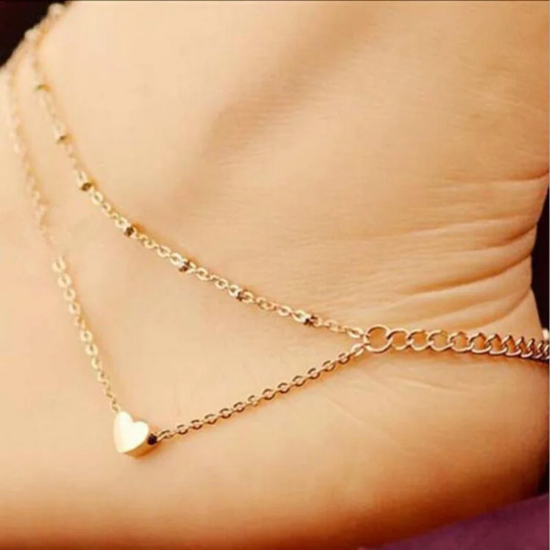 

Simple double layers chains ankle bracelet heart pendant gold color Foot Chain for women Foot Jewelry summer
