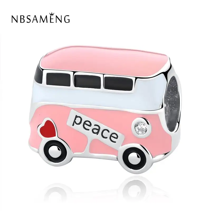 

925 Sterling Silver Bead Charm Pink Enamel Peace Bus Charms Fit Original Pandora Bracelets Women DIY Jewelry