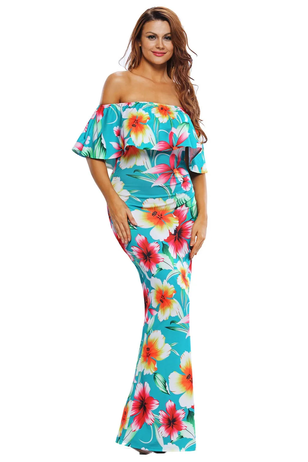 Turquoise-Roses-Print-Off-the-shoulder-Maxi-Dress-LC61189-4-3