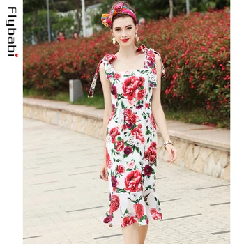

Show Floral Sweet girl 2018 NEW Summer party Women Dress Spaghetti Strap bow Sleeveless Mermaid Mid-Calf Streetwear dress