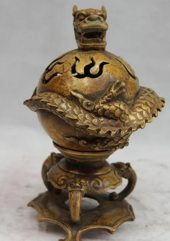 

USPS to USA S2716 9 China Folk Monastery Old Copper Bronze circle Dragon Pot Censer incense burner