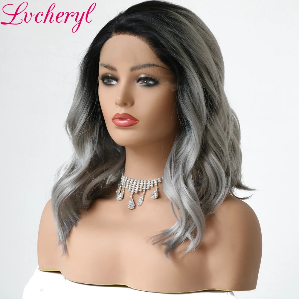 Lvcheryl Омбре темные корни до серый ручная вязка короткие натуральные волнистые термостойкие волокна волос синтетические волосы на кружеве парики для женщин