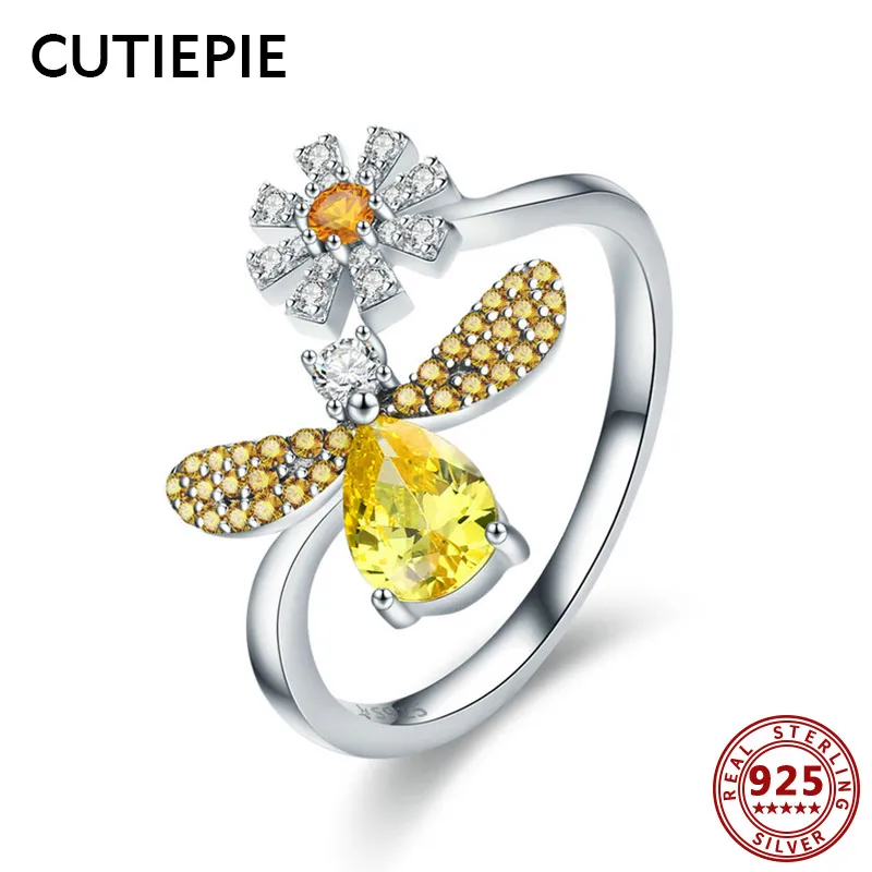 

CUTIEPIE Lovely 100% Real 925 Sterling Silver Daisy Bee Clear CZ Finger Rings Wedding Sterling Silver Jewelry Gifts for Women