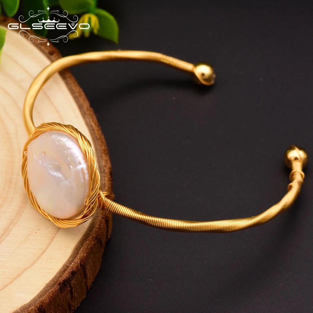 

XlentAg Natural Fresh Water Baroque Pearl Adjustable Bangle For Women Wedding Gifts Open Bangle Jewelry Pulseira Feminina GB0067