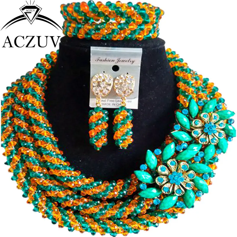 

ACZUV Army Green and Orange Crystal Nigerian Necklace Wedding Accssories African Beads Jewelry Set A3R003