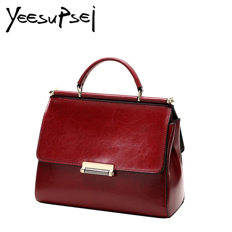 

YeeSupSei Vintage Genuine Leather Bag Lock Handbag Women Famous Elegant Handbag Women Handle Crossbody Big Cover Messenger Bag