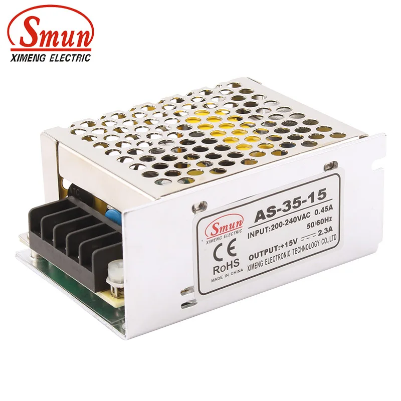 

SMUN AS-35-15 35W 15V 2.4A SMPS Small Volume Single Output Switching Power Supply With CE ROHS 2 Year Warranty