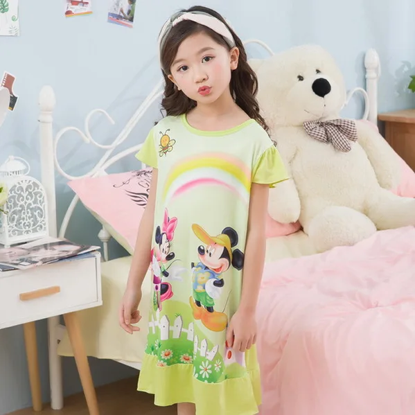 Прямая детские пижамы бретели ночная рубашка Летняя детская одежда ночная рубашка спортивный костюм девушки мультфильм домашняя пижама розовый Цвет 1