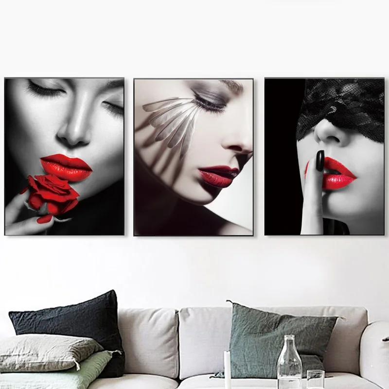 Sexy Girl Red Lips Feather Wall Art Canvas Painting Nordic Posters And Prints Pictures For Living Room Decoration No Frame | Дом и сад