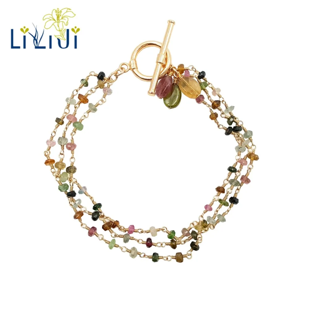 LII Ji крошечные Многоцветный натуральный турмалин 925 стерлингового серебра застежка OT 3 ряда ручной работы вязаный браслет для женщин девочек