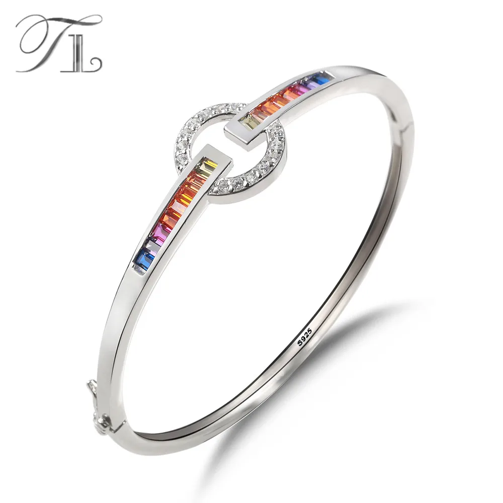 

TL Rainbow 925 Sterling-Silver-Jewelry Bangles Bracelets Colorful Zircon Bracelets for Women Simple Style 925 Sterling Bracelets