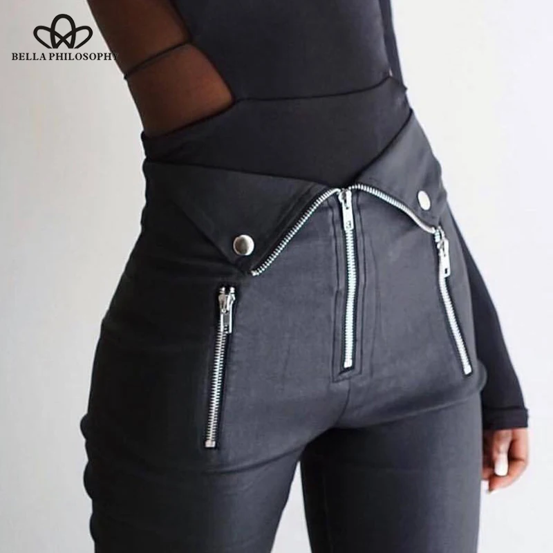 

Bella Philosophy harajuku pants women zipper fold streetwear pants solid black pant cool chic slim 2019 long trousers pencil