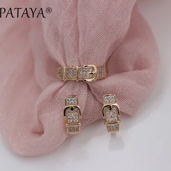 

PATAYA New Arrivals Women Exclusive Unique Wedding Jewelry Leather Belt Buckle 585 Rose Gold Natural Zircon Earrings Rings Sets