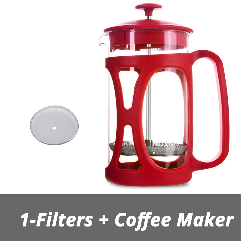 Бразильский Френч-пресс для приготовления кофе, 304 фильтр из нержавеющей стали, термостойкий стеклянный горшок, 20 унций, 600 мл, красный - Цвет: 1 Filters Coffee Pot