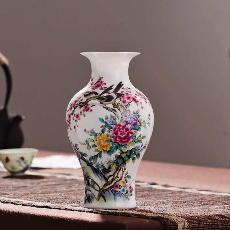 

White Ceramic Desktop Tabletop Vase Jingdezhen Vintage Chinese Style Glazed Furnishing Article for Home Living Room Decoration