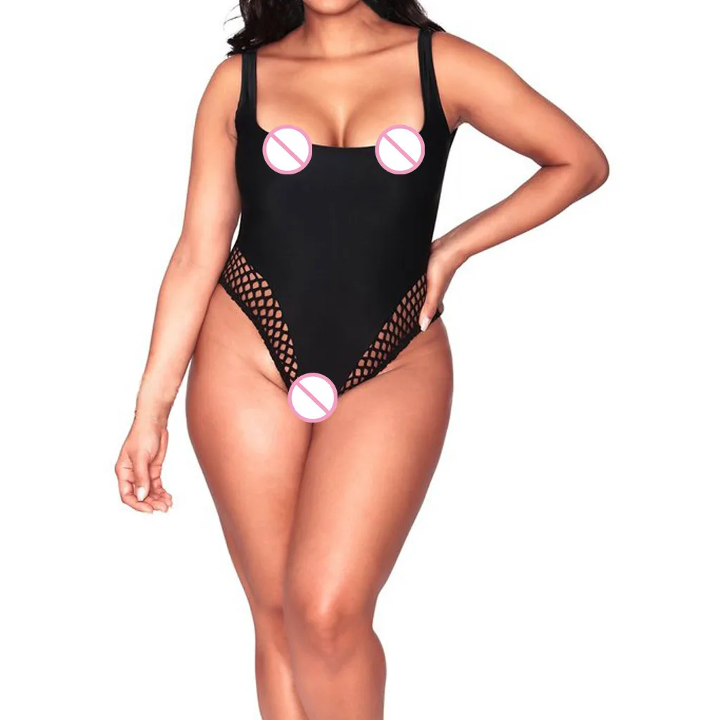 

Women Sexy Mesh Hollow Bikini Monokini Swimsuit Solid Black Swimwear Bathing Suit Plus Size Beachwear Backless Bikini badpak