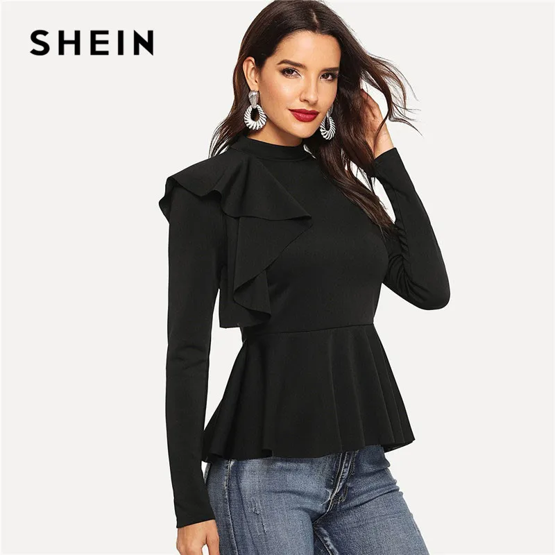 Download SHEIN Black Ruffle Trim Mock Neck Peplum Top Long Sleeve ...