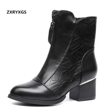 

2019 Newest Autumn Single Women Boots Genuine Leather Shoes Pointed Plus Velvet Winter Boots with Thick High Heels Martin Boots
