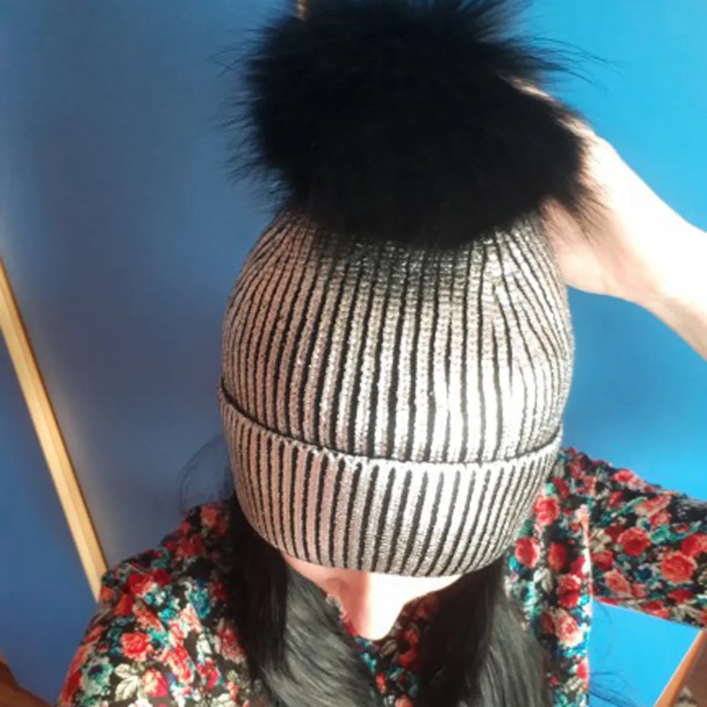 

Women Girls Winter Warm Metallic Shiny Knitted Crochet Beanie Hat With Pom Pom