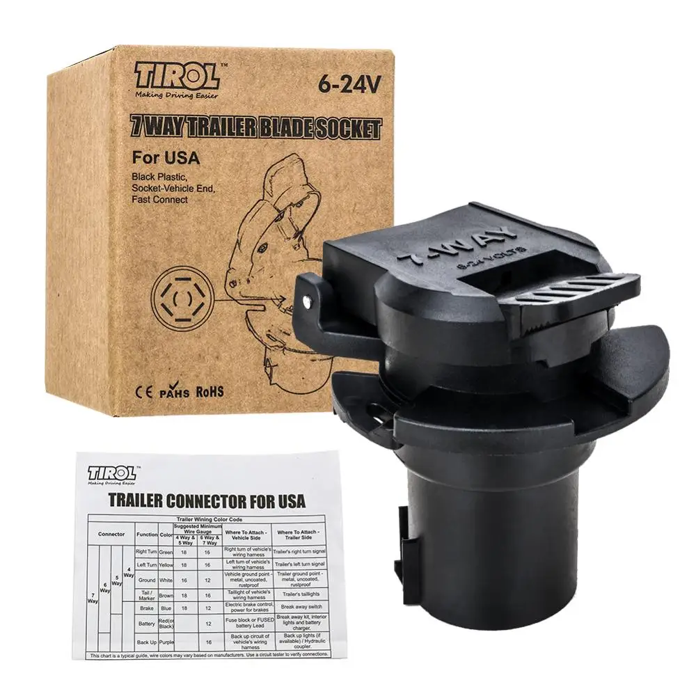 

Tirol 7 Way American Trailer Socket 6-24V Towing Blade Female Adapter with PVC Cap Transfer Electronic Signature Display T25420b