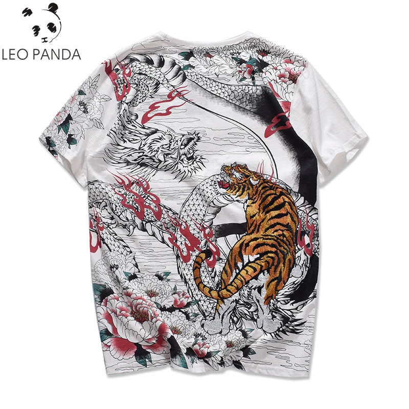 

2019 Chinese Style Tiger Dragon Totem Yokosuka Embroidery T-shirt Women Summer Fashion O-Neck Tops for Lovers Tees