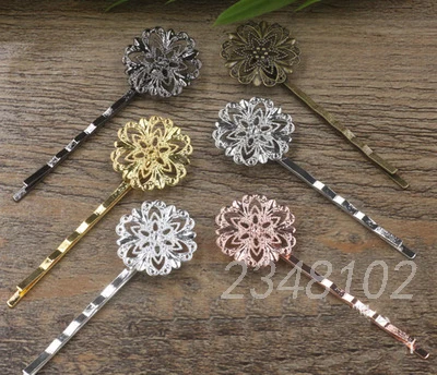

10pcs/lot Vintage Hair Jewelry Round Filigree Flower Silver Plated Hairpin Snowflake Multicolor Antique Bronze Gold Hairclip