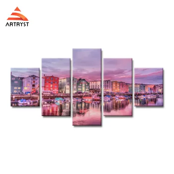 

5pieces modern home decor canvas painting pink boat house landscape poster HD printed on canvas wall art picture for living room