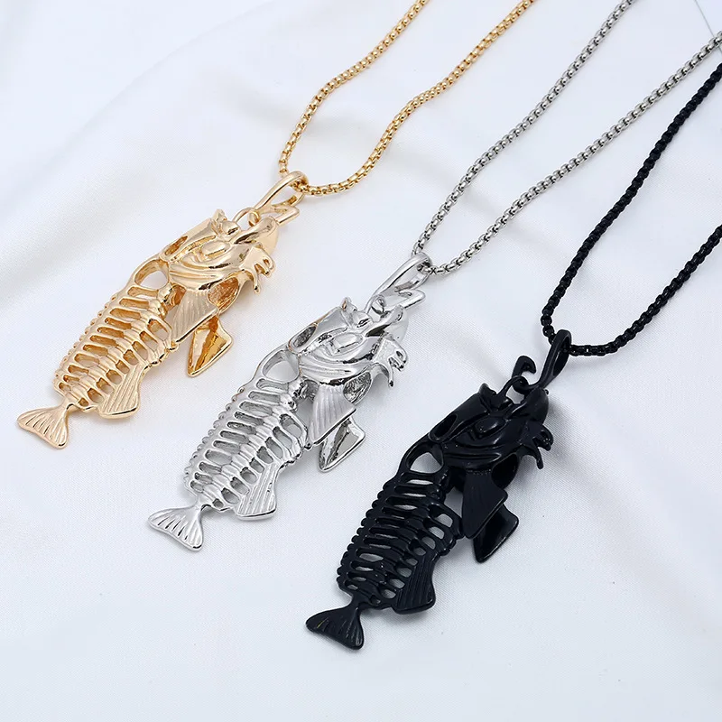 Charms Fish Bone & Fishing Hook Pendant Necklaces Shellhard Stainless Steel Hollow Fish Skeleton Bone Necklace Fashion Jewelry