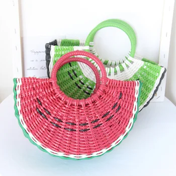 

High Quality Beach Bag Summer Big Straw Bags Handmade Woven Tote Women Travel Shopping HandBags Durable Plastic Woven Basket
