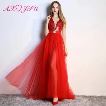 

AXJFU Sexy v neck sleeveless Perspective illusion red lace Evening Dress vintage princess beach beading rose black evening dress