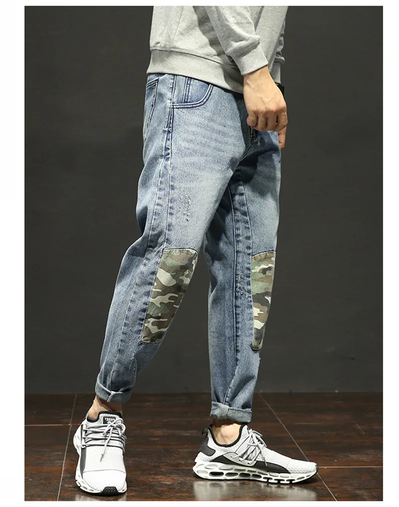 Men's Harem Jeans Trousers Fashion Male Loose Camo Patchwork Hip Hop Streetwear Pants Blue Large Size 28-42 (4)