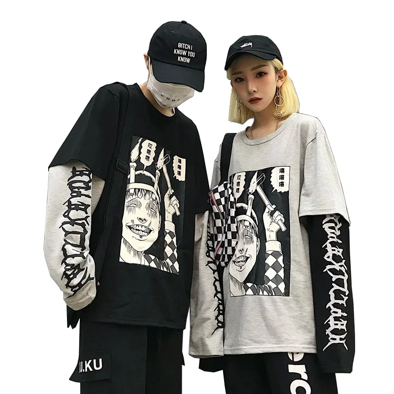 

Harajuku Horror Comic Print Pullovers Long Sleeve Spring Autumn Fake 2 Piece Patchwork Sweatshirt Female Clothing Tops Drop Ship